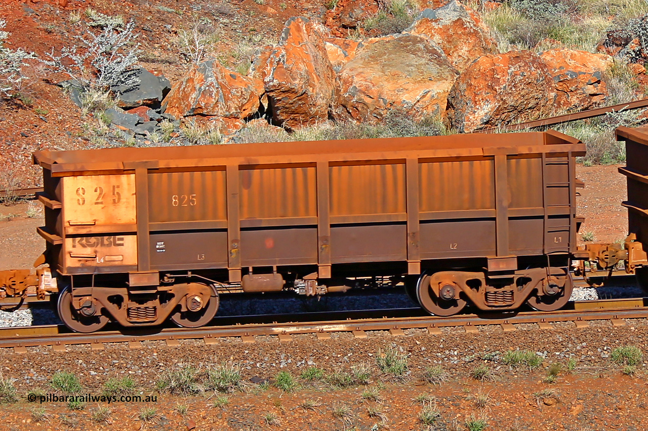 0825 180616 1718
Robe River ore waggon 825, built by Centurion Industries WA, rotary coupler end non-handbrake side empty view at the 38 km, Harding on the Cape Lambert line, June 16, 2018.
Keywords: 825;Centurion-Industries-WA;Robe-ore-waggon;