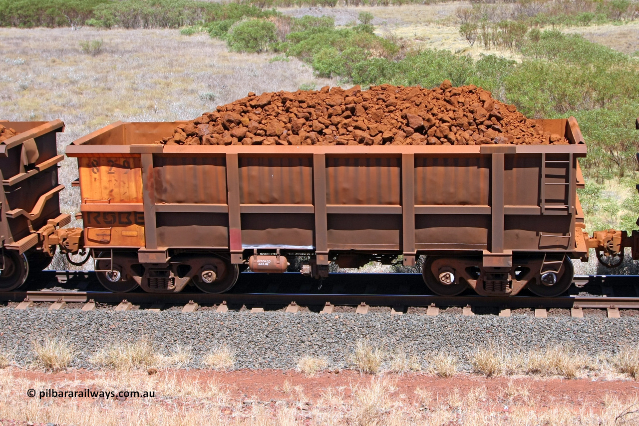 0829 081209 0134
Robe River ore waggon 829, built by Centurion Industries WA, fixed coupler non-handbrake side loaded view at the 7 km location just south of Cape Lambert yard. December 9, 2008.
Keywords: 829;Centurion-Industries-WA;Robe-ore-waggon;