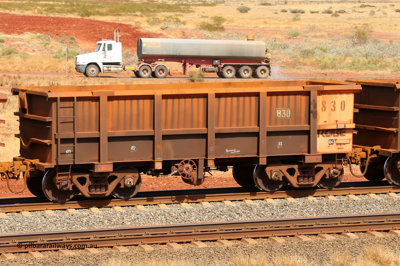 0830 141124 6820
Robe River ore waggon 830, built by Centurion Industries WA, fixed coupler handbrake side empty view at the 25 km at Arches Siding on the Cape Lambert line. November 24, 2014.
Keywords: 830;Centurion-Industries-WA;Robe-ore-waggon;