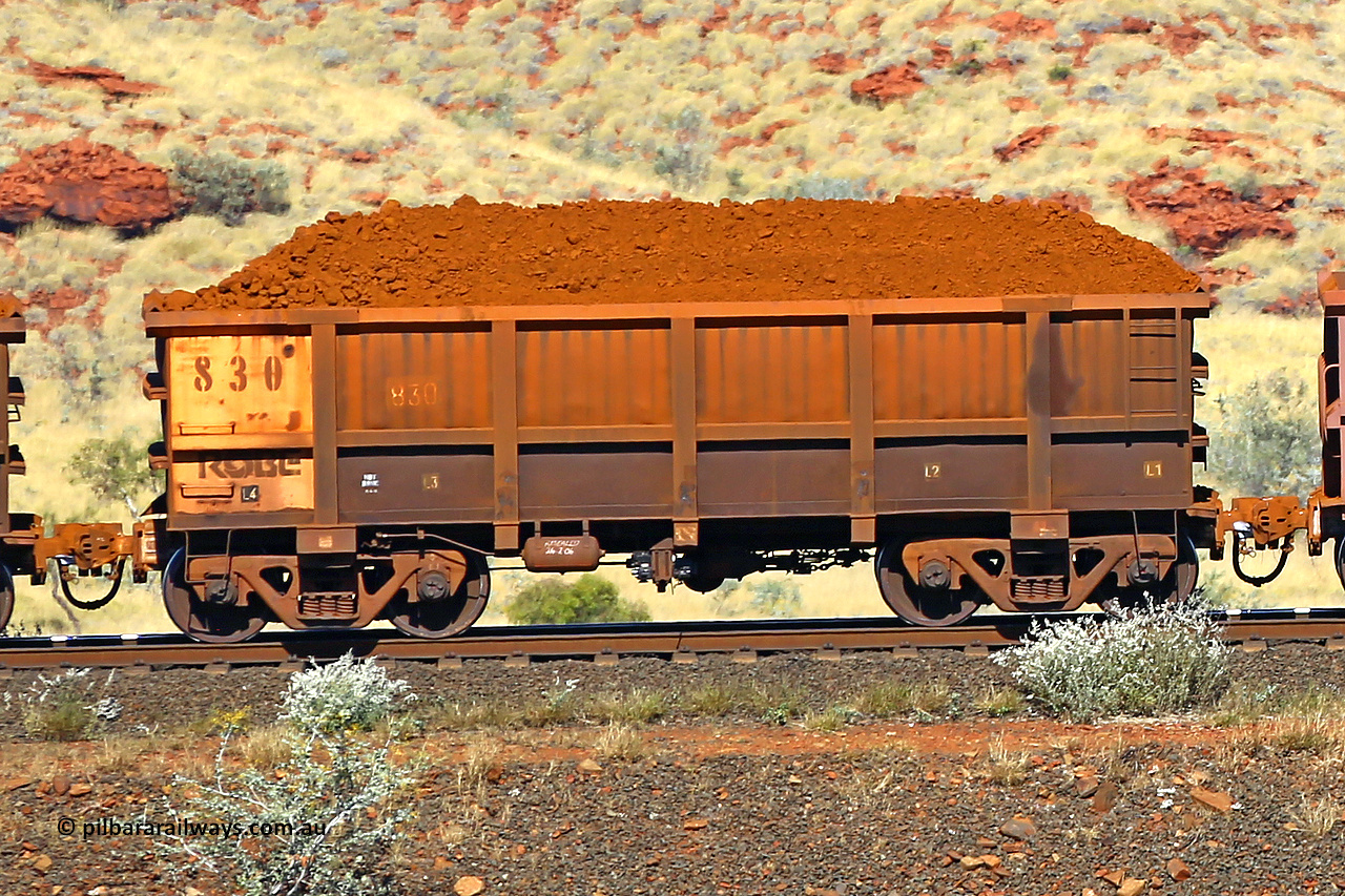0830 170728 09907
Robe River ore waggon 830, built by Centurion Industries WA, non-handbrake side loaded view at the 72 km, Western Creek on the Deepdale line. July 28, 2017.
Keywords: 830;Centurion-Industries-WA;Robe-ore-waggon;