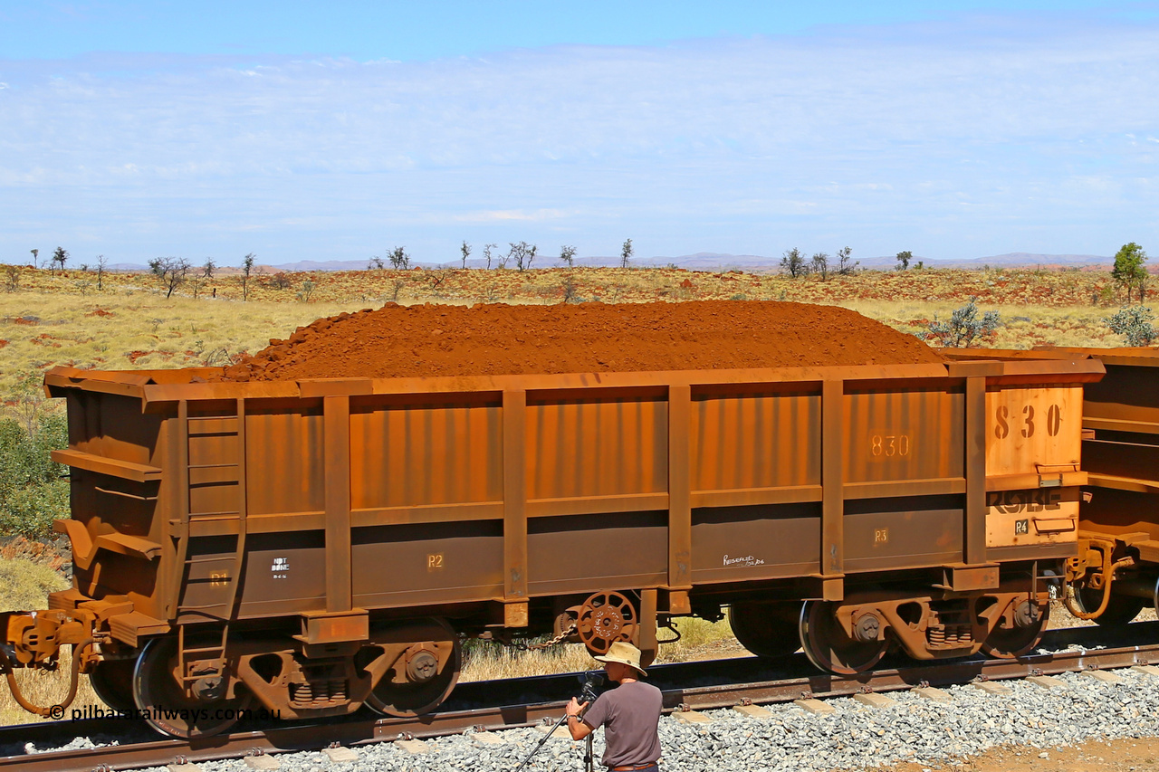 0830 170729 0274
Robe River ore waggon 830, built by Centurion Industries WA, fixed coupler handbrake side loaded view at the 103 km, between Maitland Siding and the Fortescue River on the Deepdale line. July 29, 2017.
Keywords: 830;Centurion-Industries-WA;Robe-ore-waggon;