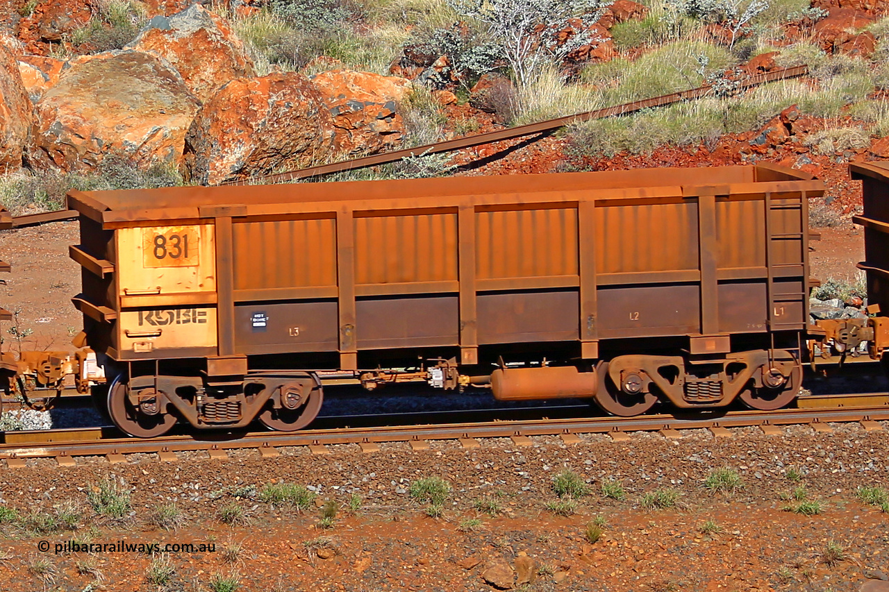 0831 180616 1730
Robe River ore waggon 831, built by Centurion Industries WA, rotary coupler end non-handbrake side empty view at the 38 km, Harding on the Cape Lambert line, June 16, 2018.
Keywords: 831;Centurion-Industries-WA;Robe-ore-waggon;