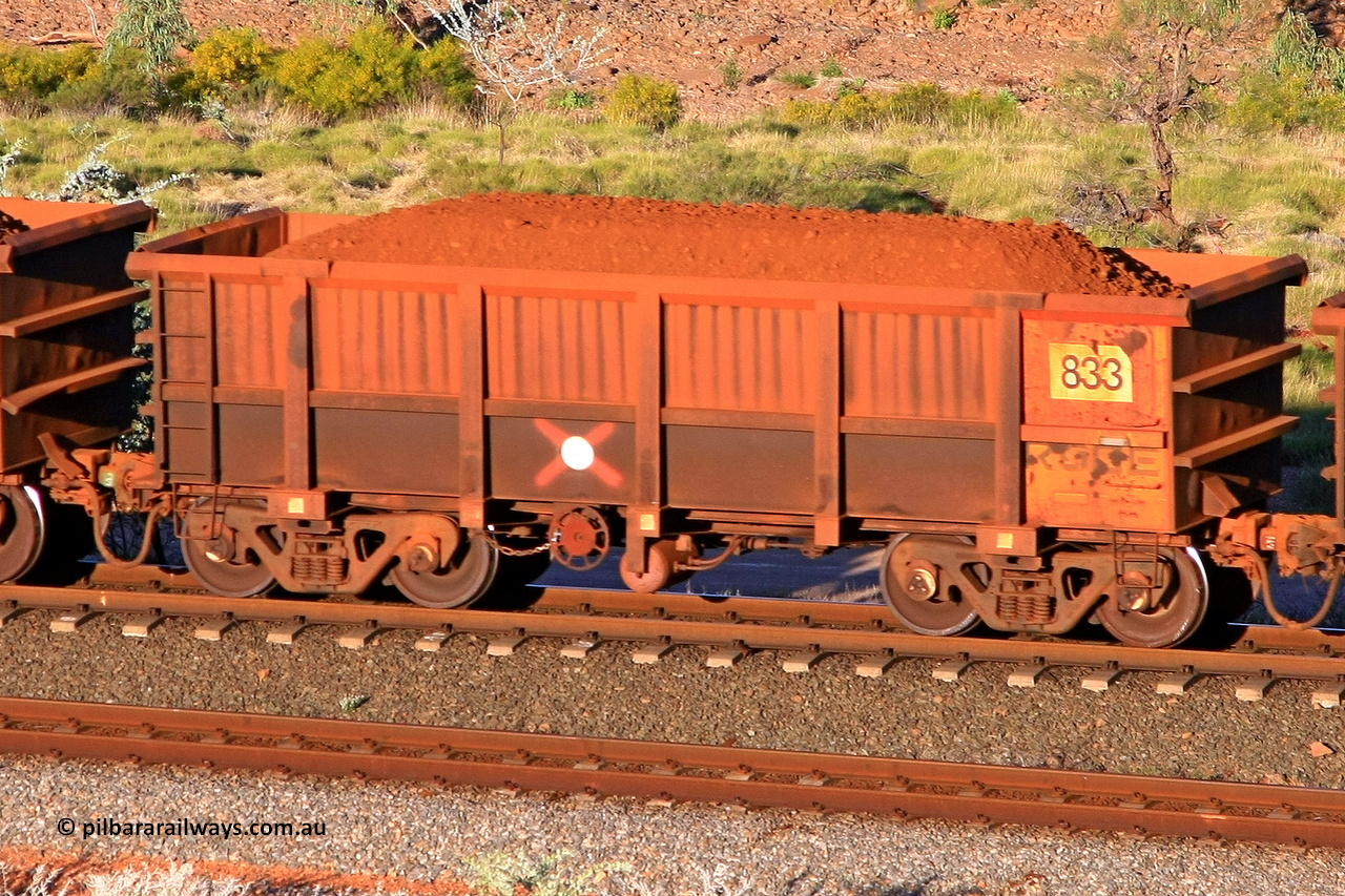 0833 110602 1687
Robe River ore waggon 833, built by Centurion Industries WA, rotary coupler end handbrake side loaded view at the 71 km, Western Creek on the Deepdale line. June 2, 2011.
Keywords: 833;Centurion-Industries-WA;Robe-ore-waggon;