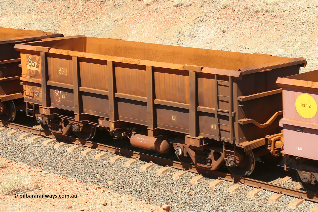 0852 160306 1288
Robe River ore waggon 852, built by Centurion Industries WA, fixed coupler non-handbrake side empty view at Greenpool on the Cape Lambert line. March 6, 2016.
Keywords: 852;Centurion-Industries-WA;Robe-ore-waggon;