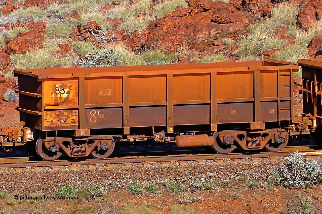 0852 180616 1703
Robe River ore waggon 852, built by Centurion Industries WA, rotary coupler end non-handbrake side empty view at the 38 km, Harding on the Cape Lambert line, June 16, 2018.
Keywords: 852;Centurion-Industries-WA;Robe-ore-waggon;