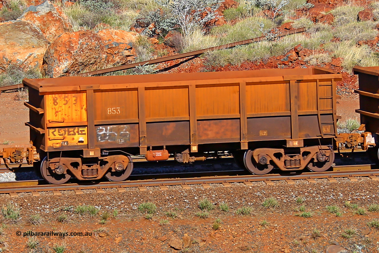 0853 180616 1710
Robe River ore waggon 853, built by Centurion Industries WA, rotary coupler end non-handbrake side empty view at the 38 km, Harding on the Cape Lambert line, June 16, 2018.
Keywords: 853;Centurion-Industries-WA;Robe-ore-waggon;