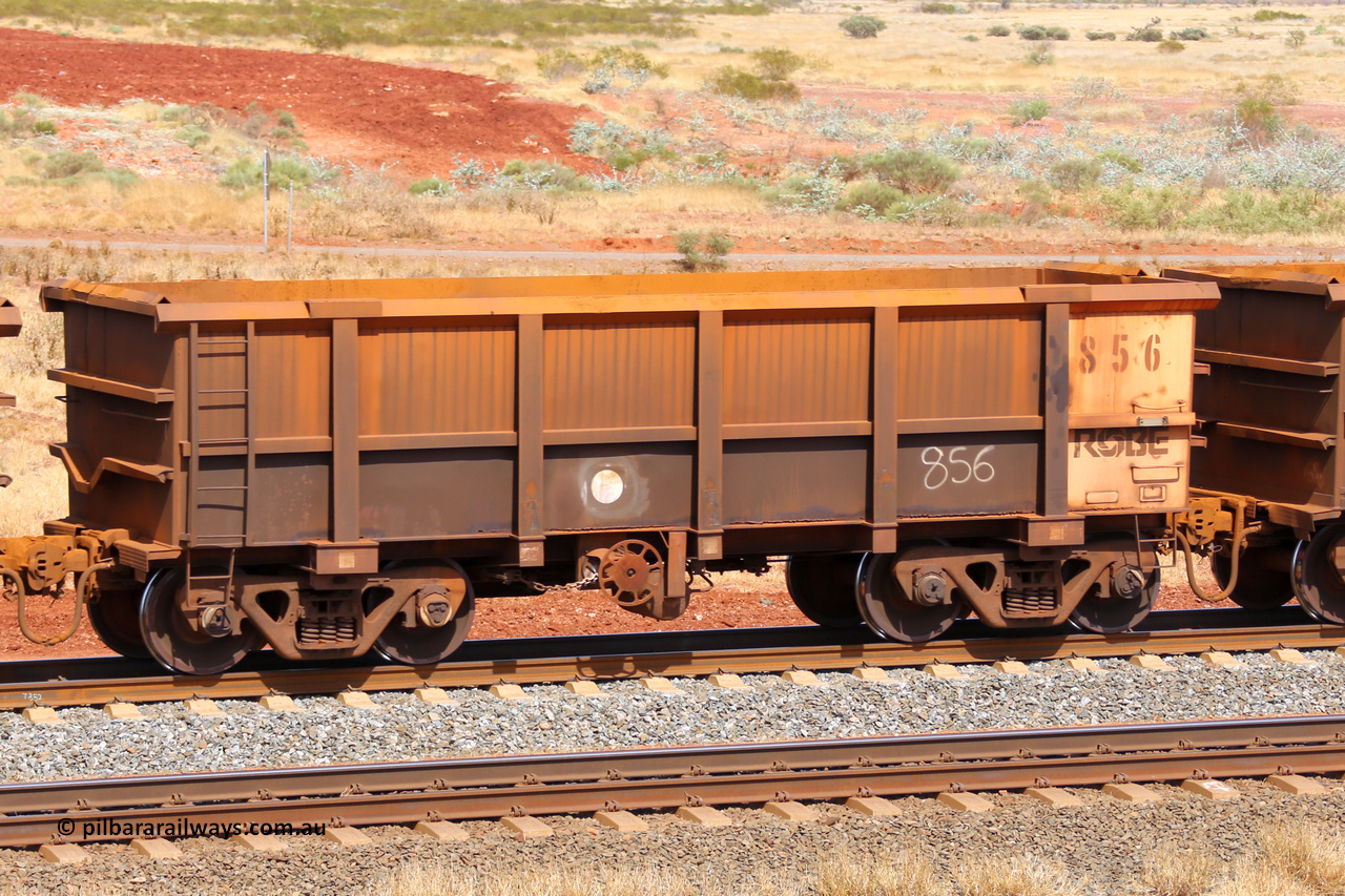 0856 141124 6806
Robe River ore waggon 856, built by Centurion Industries WA, fixed coupler handbrake side empty view at the 25 km at Arches Siding on the Cape Lambert line. November 24, 2014.
Keywords: 856;Centurion-Industries-WA;Robe-ore-waggon;