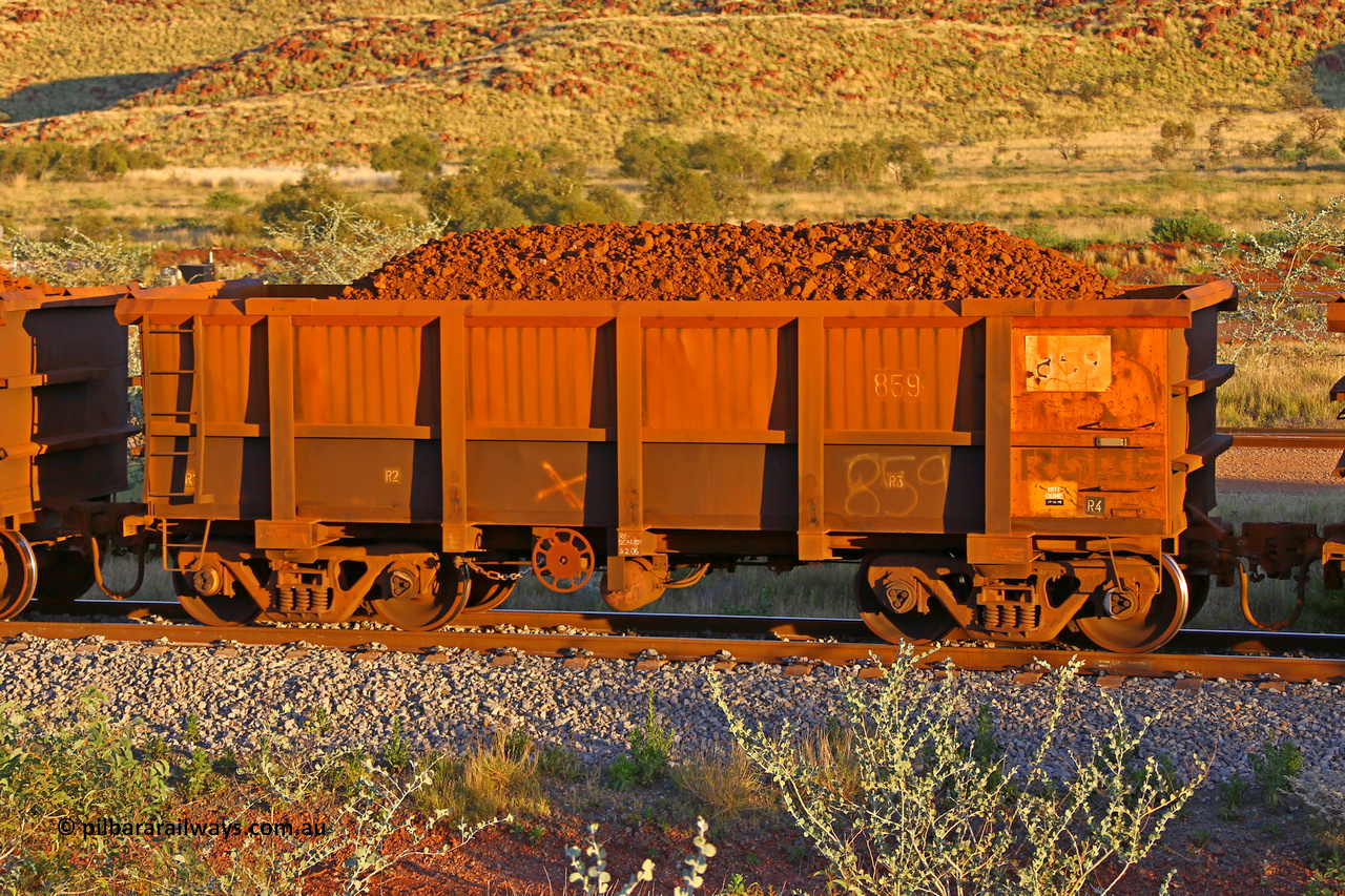 0859 170513 8643
Robe River ore waggon 859, built by Centurion Industries WA, rotary coupler end handbrake side loaded view, Cape Lambert yard, May 13, 2017.
Keywords: 859;Centurion-Industries-WA;Robe-ore-waggon;