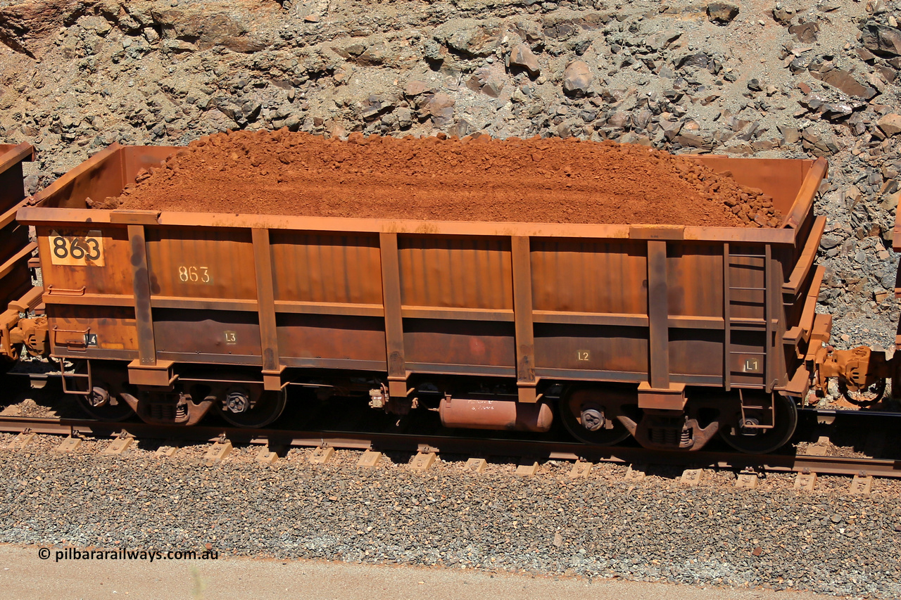 0863 160306 1626
Robe River ore waggon 863, built by Centurion Industries WA, fixed coupler non-handbrake side loaded view, at the 45 km, Harding Siding on the Cape Lambert line. March 6, 2016.
Keywords: 863;Centurion-Industries-WA;Robe-ore-waggon;
