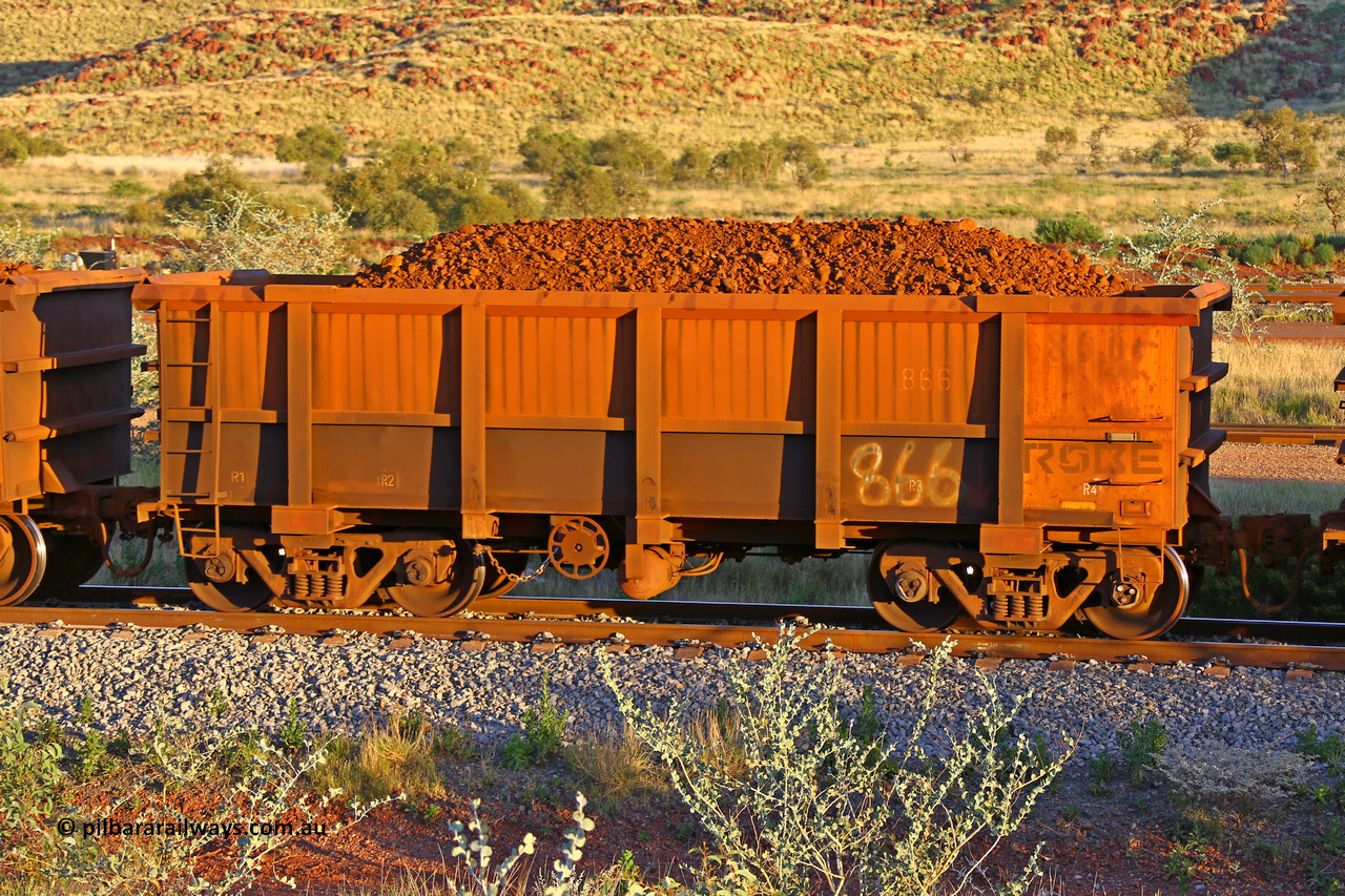 0866 170513 8668
Robe River ore waggon 866, built by Centurion Industries WA, handbrake side loaded view, Cape Lambert yard, May 13, 2017.
Keywords: 866;Centurion-Industries-WA;Robe-ore-waggon;