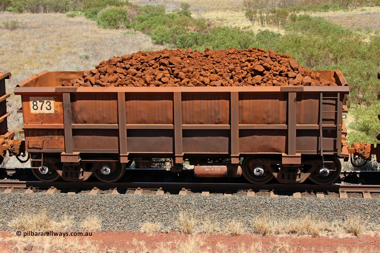 0873 081209 0135
Robe River ore waggon 873, built by Centurion Industries WA,non-handbrake side loaded view at the 7 km location just south of Cape Lambert yard. December 9, 2008.
Keywords: 873;Centurion-Industries-WA;Robe-ore-waggon;