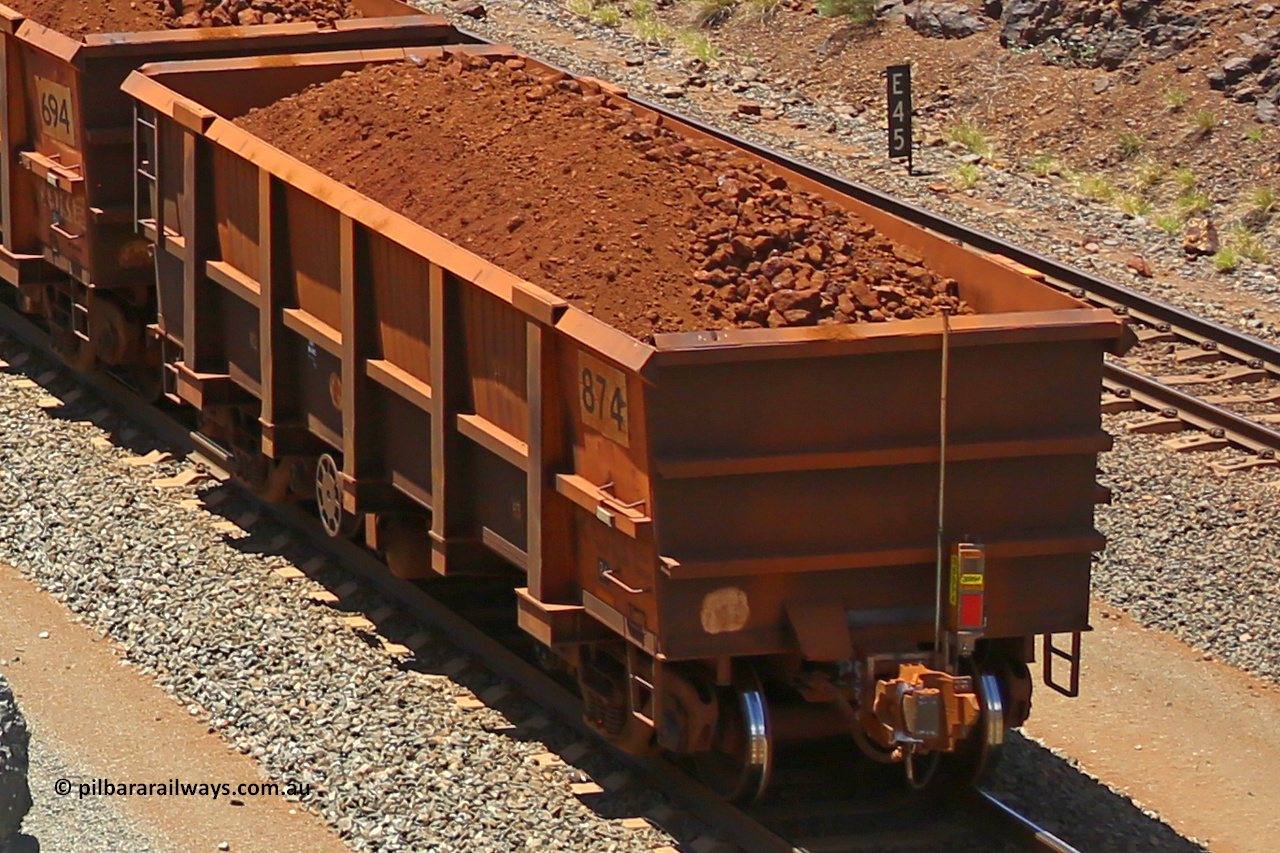 0874 160306 1496
Robe River ore waggon 874, built by Centurion Industries WA, rotary coupler end handbrake side loaded end of train view, at the 45 km, Harding Siding on the Cape Lambert line. March 6, 2016.
Keywords: 874;Centurion-Industries-WA;Robe-ore-waggon;