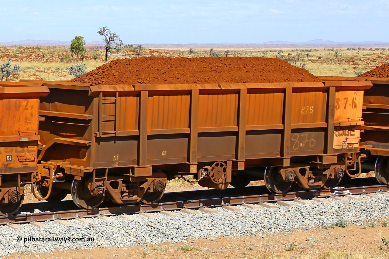 0876 170729 0233
Robe River ore waggon 876, built by Centurion Industries WA, fixed coupler handbrake side loaded view at the 103 km, between Maitland Siding and the Fortescue River on the Deepdale line. July 29, 2017.
Keywords: 876;Centurion-Industries-WA;Robe-ore-waggon;