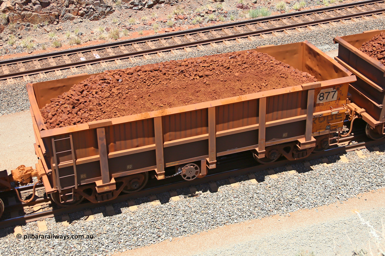 0877 160306 1493
Robe River ore waggon 877, built by Centurion Industries WA, fixed coupler handbrake side loaded view, at the 45 km, Harding Siding on the Cape Lambert line. March 6, 2016.
Keywords: 877;Centurion-Industries-WA;Robe-ore-waggon;