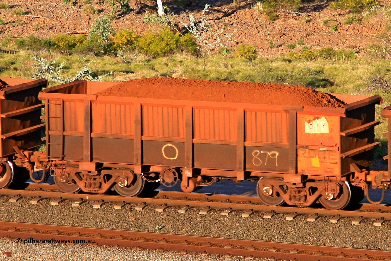 0879 110602 1715
Robe River ore waggon 879, built by Centurion Industries WA, rotary coupler end handbrake side loaded view at the 71 km, Western Creek on the Deepdale line. June 2, 2011.
Keywords: 879;Centurion-Industries-WA;Robe-ore-waggon;