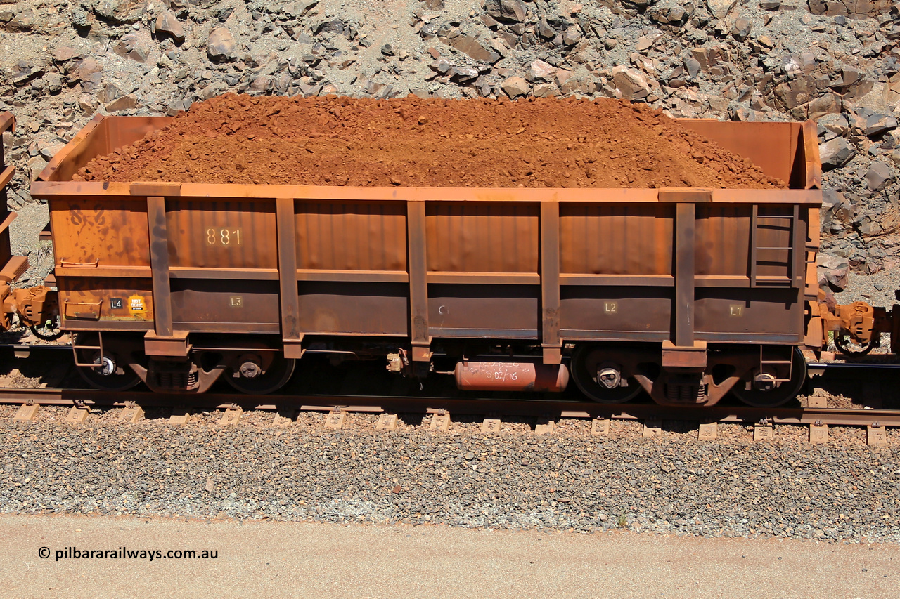 0881 160306 1540
Robe River ore waggon 881, built by Centurion Industries WA, fixed coupler non-handbrake side loaded view, at the 45 km, Harding Siding on the Cape Lambert line. March 6, 2016.
Keywords: 881;Centurion-Industries-WA;Robe-ore-waggon;