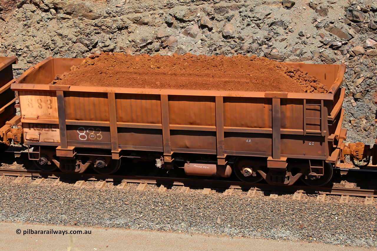 0883 160306 1636
Robe River ore waggon 883, built by Centurion Industries WA, fixed coupler non-handbrake side loaded view, at the 45 km, Harding Siding on the Cape Lambert line. March 6, 2016.
Keywords: 883;Centurion-Industries-WA;Robe-ore-waggon;