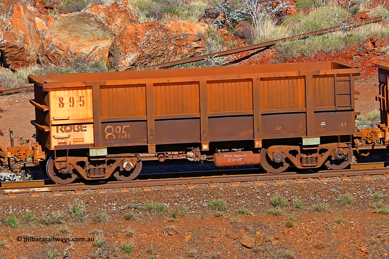 0895 180616 1720
Robe River ore waggon 895, built by Centurion Industries WA, rotary coupler end non-handbrake side empty view at the 38 km, Harding on the Cape Lambert line, June 16, 2018.
Keywords: 895;Centurion-Industries-WA;Robe-ore-waggon;