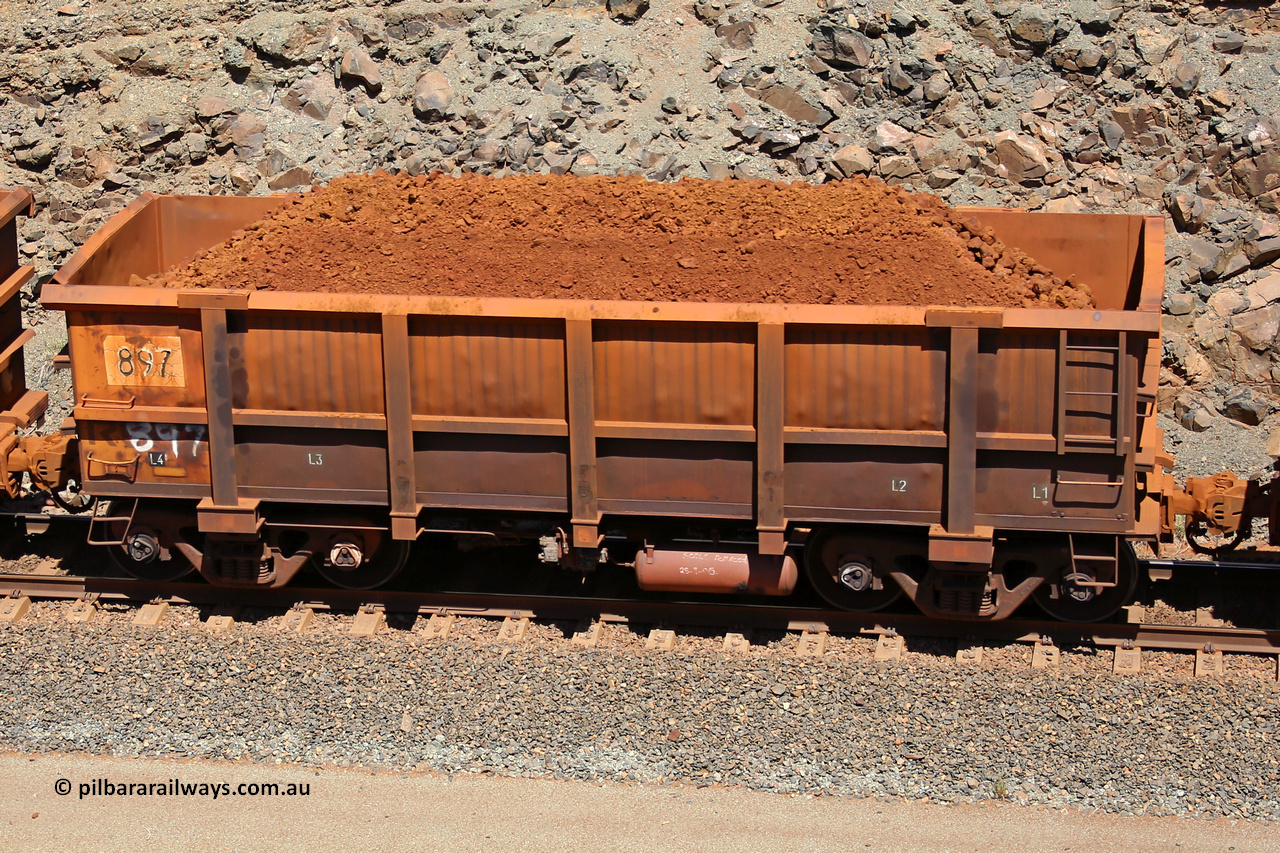 0897 160306 1586
Robe River ore waggon 897, built by Centurion Industries WA, fixed coupler non-handbrake side loaded view, at the 45 km, Harding Siding on the Cape Lambert line. March 6, 2016.
Keywords: 897;Centurion-Industries-WA;Robe-ore-waggon;