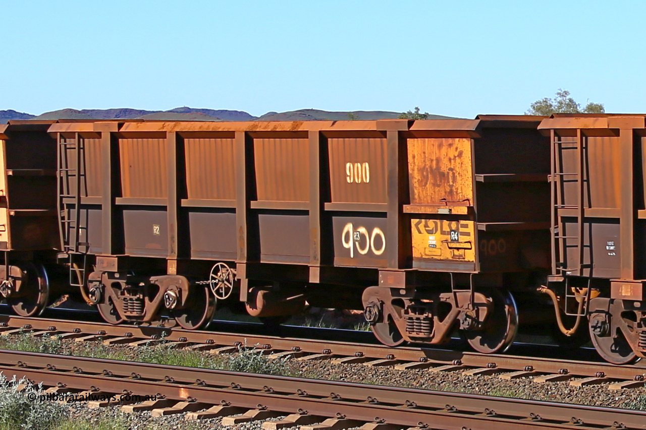 0900 160727 0968
Robe River ore waggon 900, built by Centurion Industries WA, rotary coupler end handbrake side empty view at Harding Siding on the Cape Lambert line, July 27, 2016.
Keywords: 900;Centurion-Industries-WA;Robe-ore-waggon;
