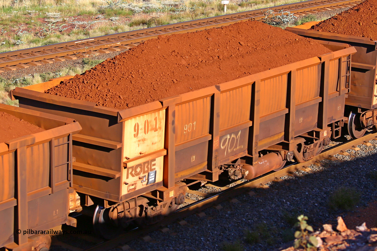 0901 210322 9708
Robe River ore waggon 901, built by Centurion Industries  WA, rotary coupler end non-handbrake side loaded view at the 17 km on the Cape Lambert line, March 22, 2021.
Keywords: 901;Centurion-Industries-WA;Robe-ore-waggon;