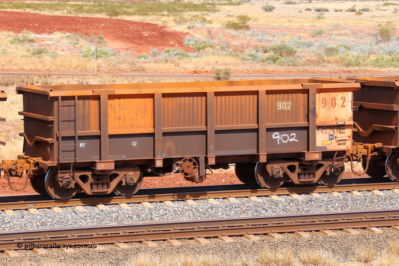 0902 141124 6835
Robe River ore waggon 902, built by Centurion Industries WA, fixed coupler handbrake side empty view at the 25 km at Arches Siding on the Cape Lambert line. November 24, 2014.
Keywords: 902;Centurion-Industries-WA;Robe-ore-waggon;