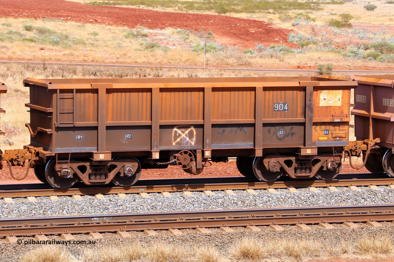 0904 141124 6862
Robe River ore waggon 904, built by Centurion Industries WA, fixed coupler handbrake side empty view at the 25 km at Arches Siding on the Cape Lambert line. November 24, 2014.
Keywords: 904;Centurion-Industries-WA;Robe-ore-waggon;