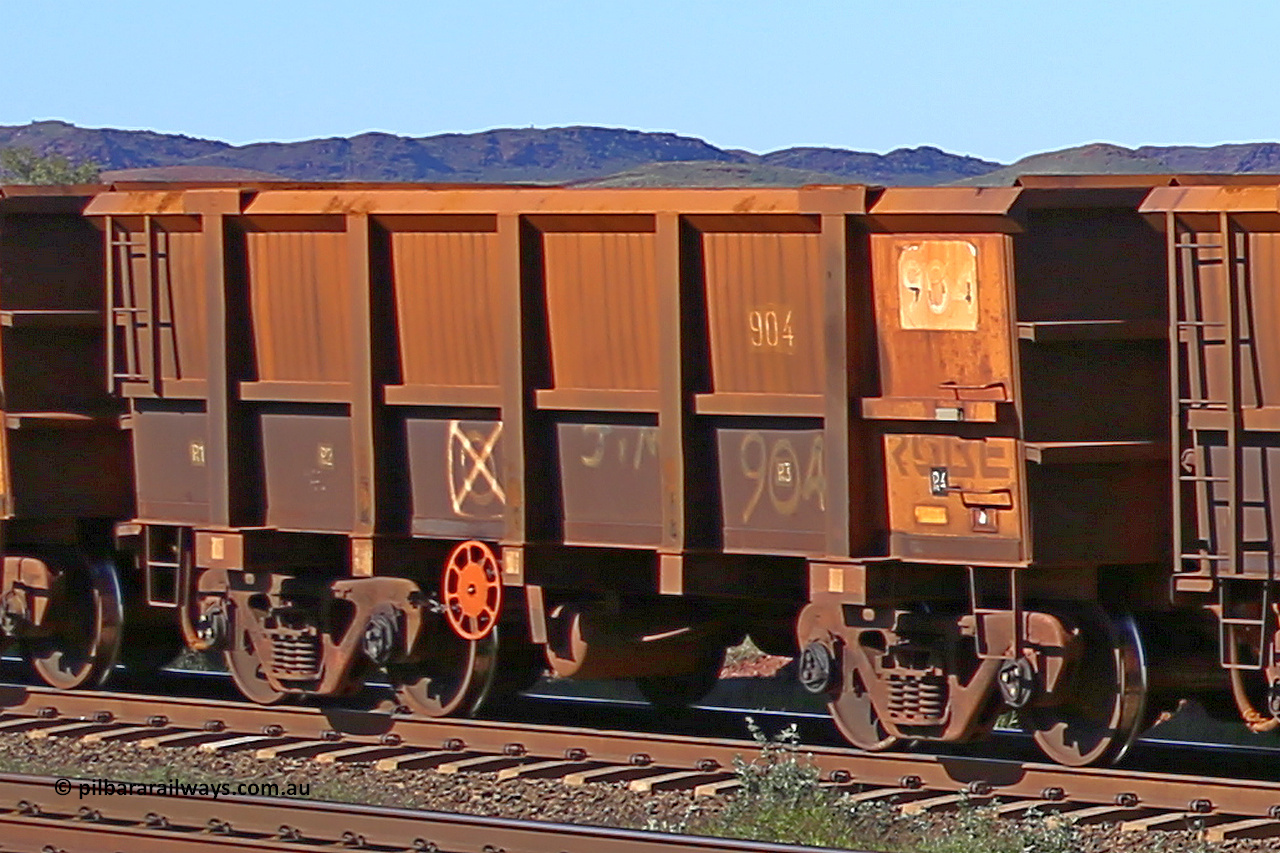 0904 160727 0974
Robe River ore waggon 904, built by Centurion Industries WA, rotary coupler end handbrake side empty view at Harding Siding on the Cape Lambert line, July 27, 2016.
Keywords: 904;Centurion-Industries-WA;Robe-ore-waggon;