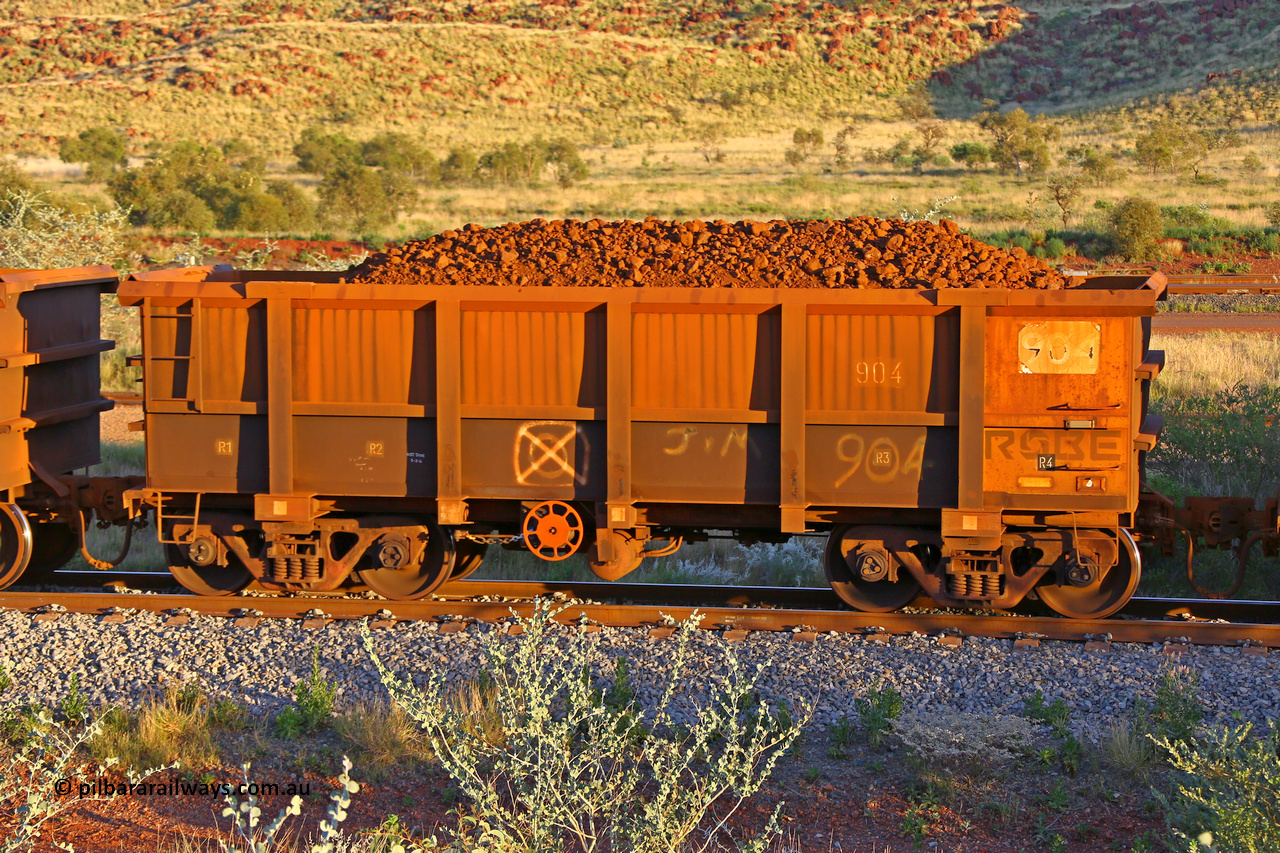 0904 170513 8697
Robe River ore waggon 904, built by Centurion Industries WA, rotary coupler end handbrake side loaded view, Cape Lambert yard, May 13, 2017.
Keywords: 904;Centurion-Industries-WA;Robe-ore-waggon;