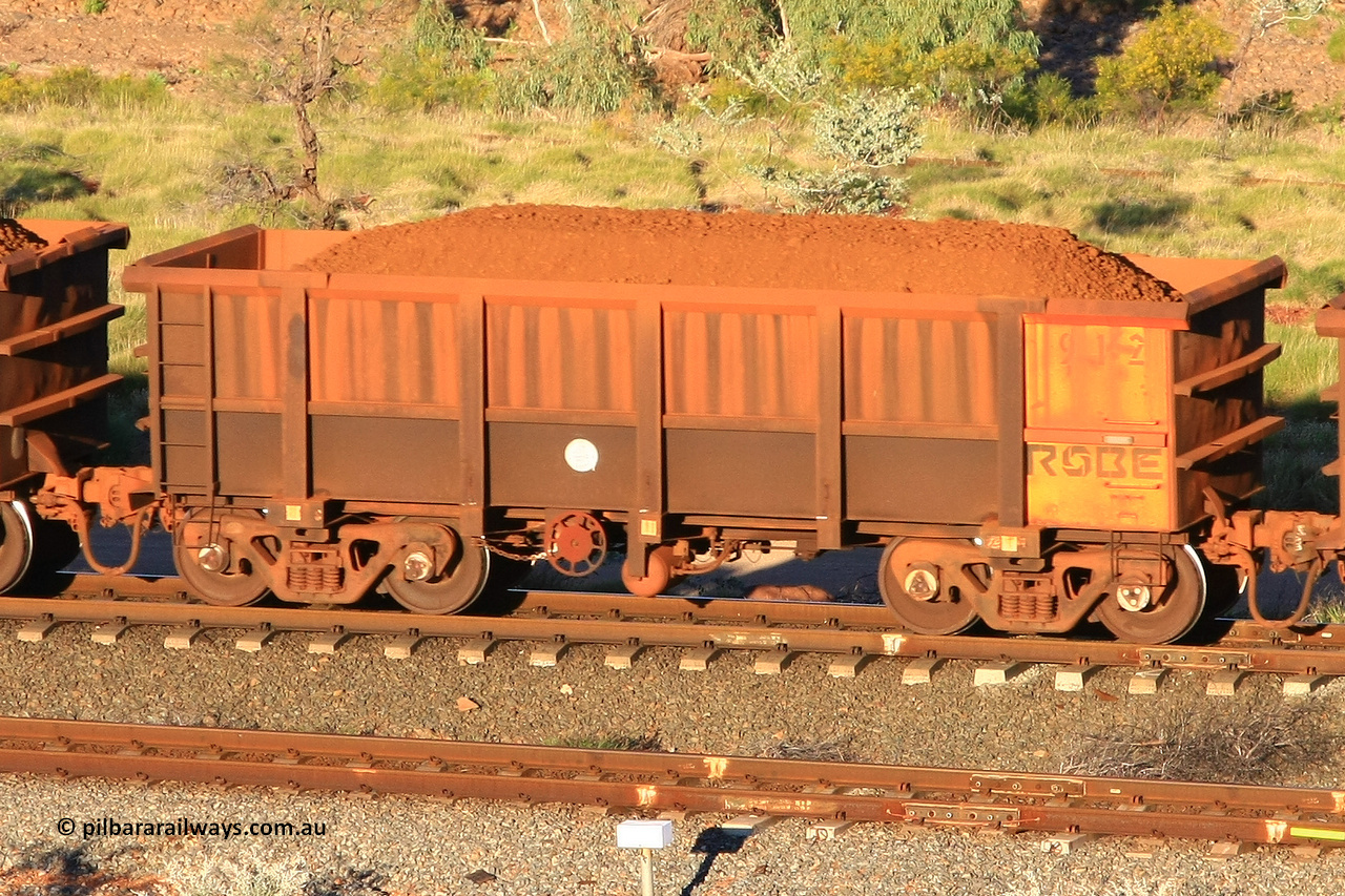 0912 110602 1606
Robe River ore waggon 912, built by Centurion Industries WA, rotary coupler end handbrake side loaded view at the 71 km, Western Creek on the Deepdale line. June 2, 2011.
Keywords: 912;Centurion-Industries-WA;Robe-ore-waggon;
