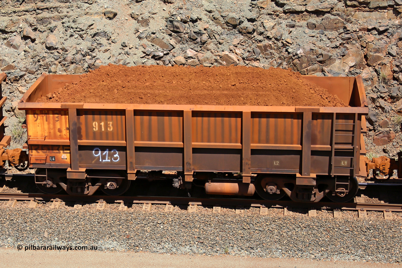 0913 160306 1553
Robe River ore waggon 913, built by Centurion Industries WA, fixed coupler non-handbrake side loaded view, at the 45 km, Harding Siding on the Cape Lambert line. March 6, 2016.
Keywords: 913;Centurion-Industries-WA;Robe-ore-waggon;
