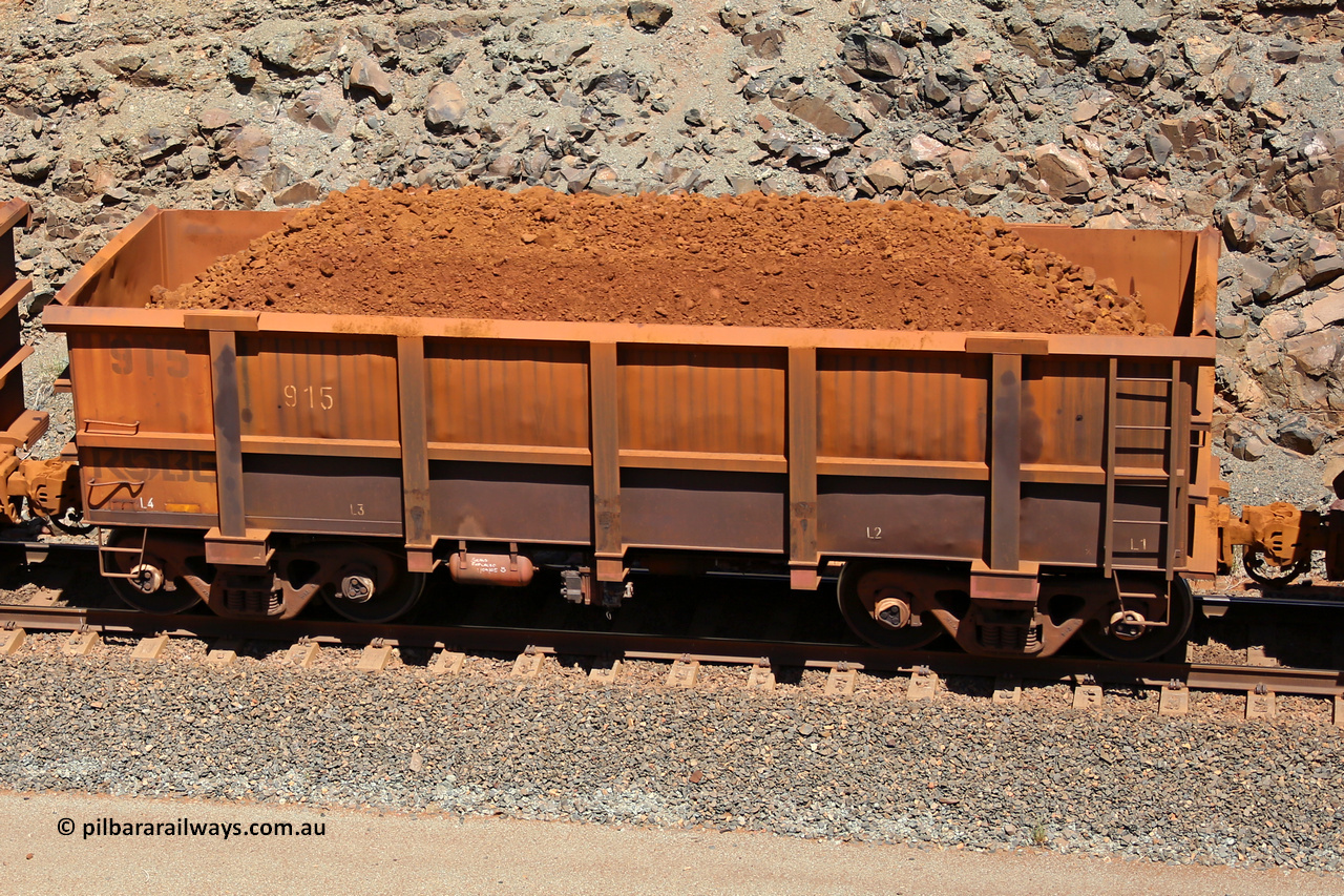 0915 160306 1597
Robe River ore waggon 915, built by Centurion Industries WA, fixed coupler non-handbrake side loaded view, at the 45 km, Harding Siding on the Cape Lambert line. March 6, 2016.
Keywords: 915;Centurion-Industries-WA;Robe-ore-waggon;