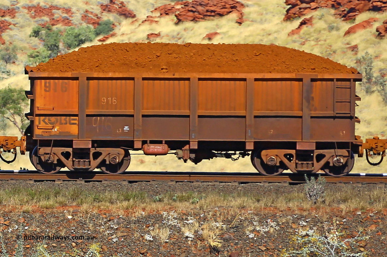 0916 170728 09948
Robe River ore waggon 916, built by Centurion Industries WA, non-handbrake side loaded view at the 72 km, Western Creek on the Deepdale line. July 28, 2017.
Keywords: 916;Centurion-Industries-WA;Robe-ore-waggon;