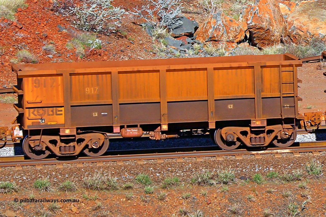 0917 180616 1711
Robe River ore waggon 917, built by Centurion Industries WA, rotary coupler end non-handbrake side empty view at the 38 km, Harding on the Cape Lambert line, June 16, 2018.
Keywords: 917;Centurion-Industries-WA;Robe-ore-waggon;