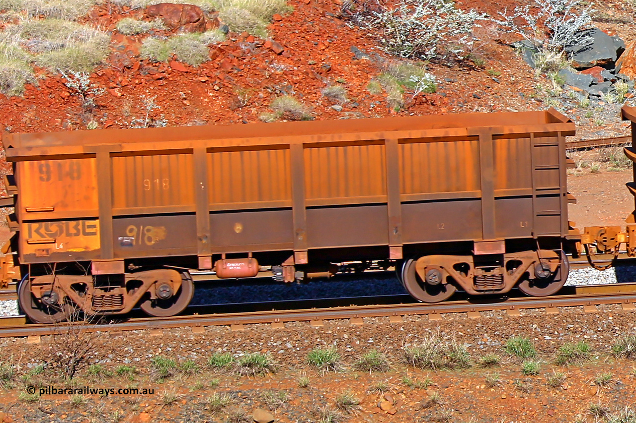 0918 180616 1716
Robe River ore waggon 918, built by Centurion Industries WA, rotary coupler end non-handbrake side empty view at the 38 km, Harding on the Cape Lambert line, June 16, 2018.
Keywords: 918;Centurion-Industries-WA;Robe-ore-waggon;