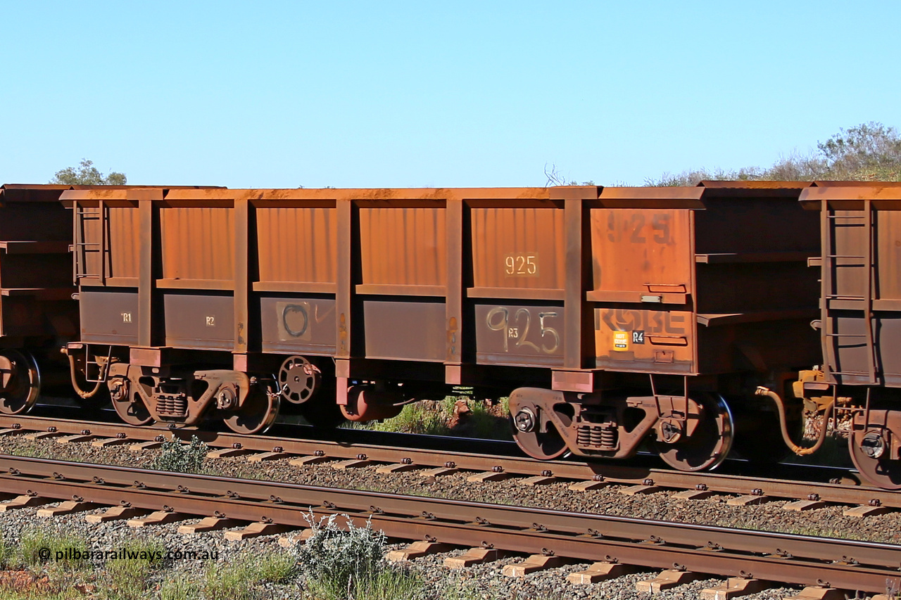 0925 160727 0969
Robe River ore waggon 925, built by Centurion Industries WA, rotary coupler end handbrake side empty view at Harding Siding on the Cape Lambert line, July 27, 2016.
Keywords: 925;Centurion-Industries-WA;Robe-ore-waggon;