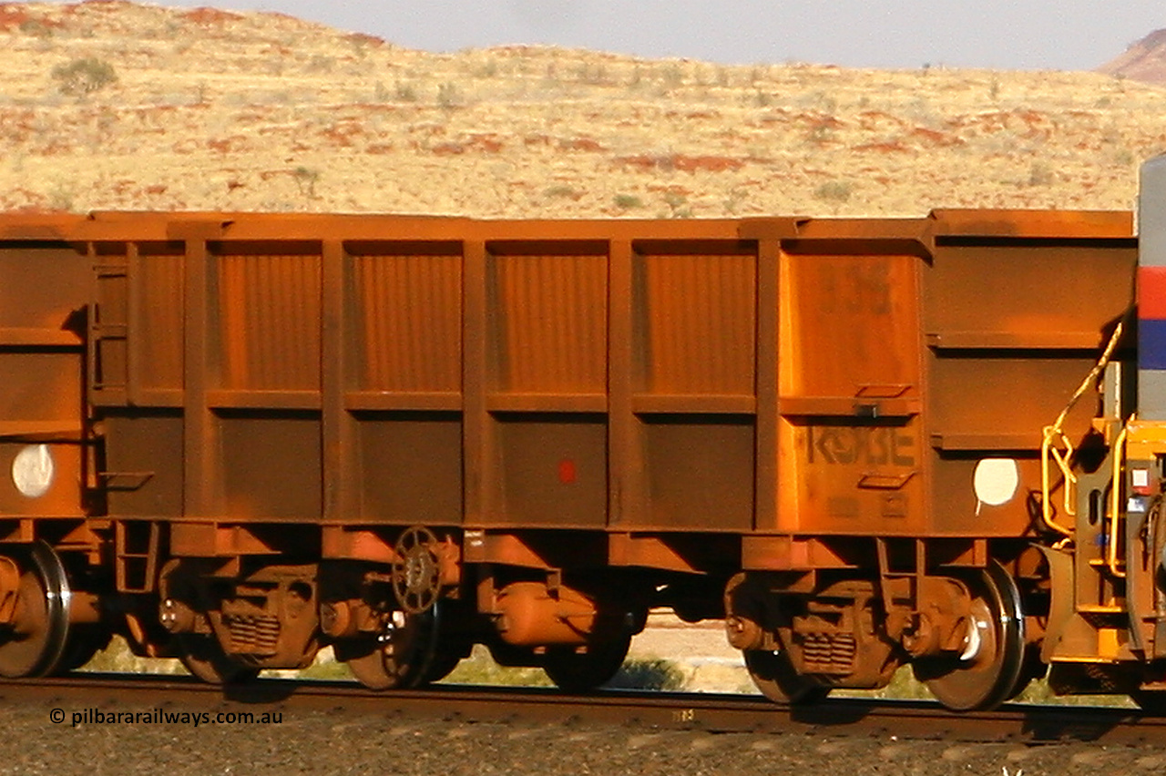 0935 070908 0620
Robe River ore waggon 935, built by Centurion Industries WA, rotary coupler end handbrake side loaded view at the 78.8 km between Western Creek and Maitland on the Deepdale line. July 22, 2006.
Keywords: 935;Centurion-Industries-WA;Robe-ore-waggon;