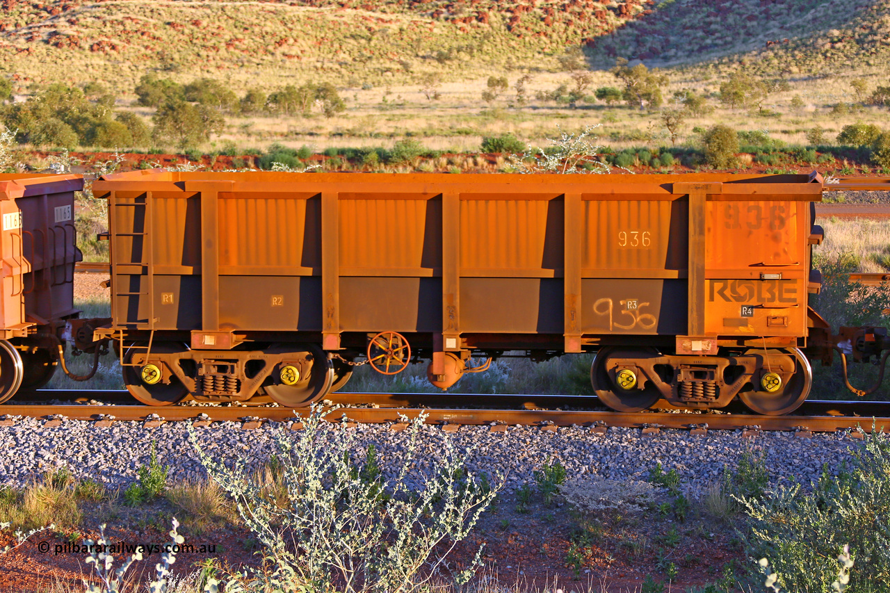 0936 170513 8775
Robe River ore waggon 936, built by Centurion Industries WA, rotary coupler end handbrake side empty view, Cape Lambert yard, May 13, 2017.
Keywords: 936;Centurion-Industries-WA;Robe-ore-waggon;