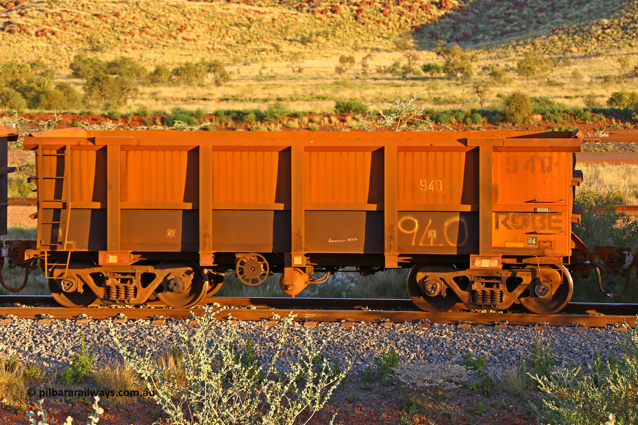 0940 170513 8771
Robe River ore waggon 940, built by Centurion Industries WA, rotary coupler end handbrake side empty view, Cape Lambert yard, May 13, 2017.
Keywords: 940;Centurion-Industries-WA;Robe-ore-waggon;