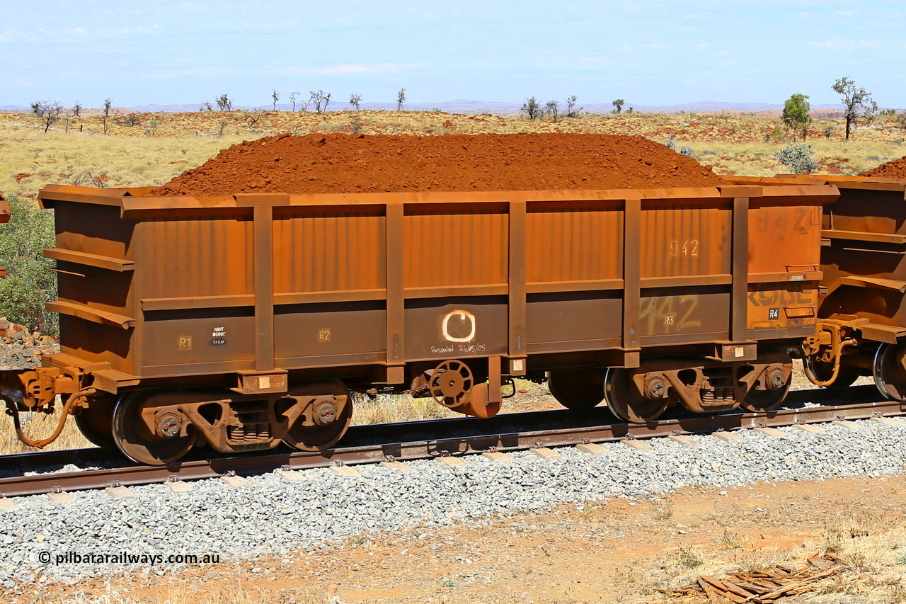 0942 170729 0231
Robe River ore waggon 942, built by Centurion Industries WA, fixed coupler handbrake side loaded view at the 103 km, between Maitland Siding and the Fortescue River on the Deepdale line. July 29, 2017.
Keywords: 942;Centurion-Industries-WA;Robe-ore-waggon;