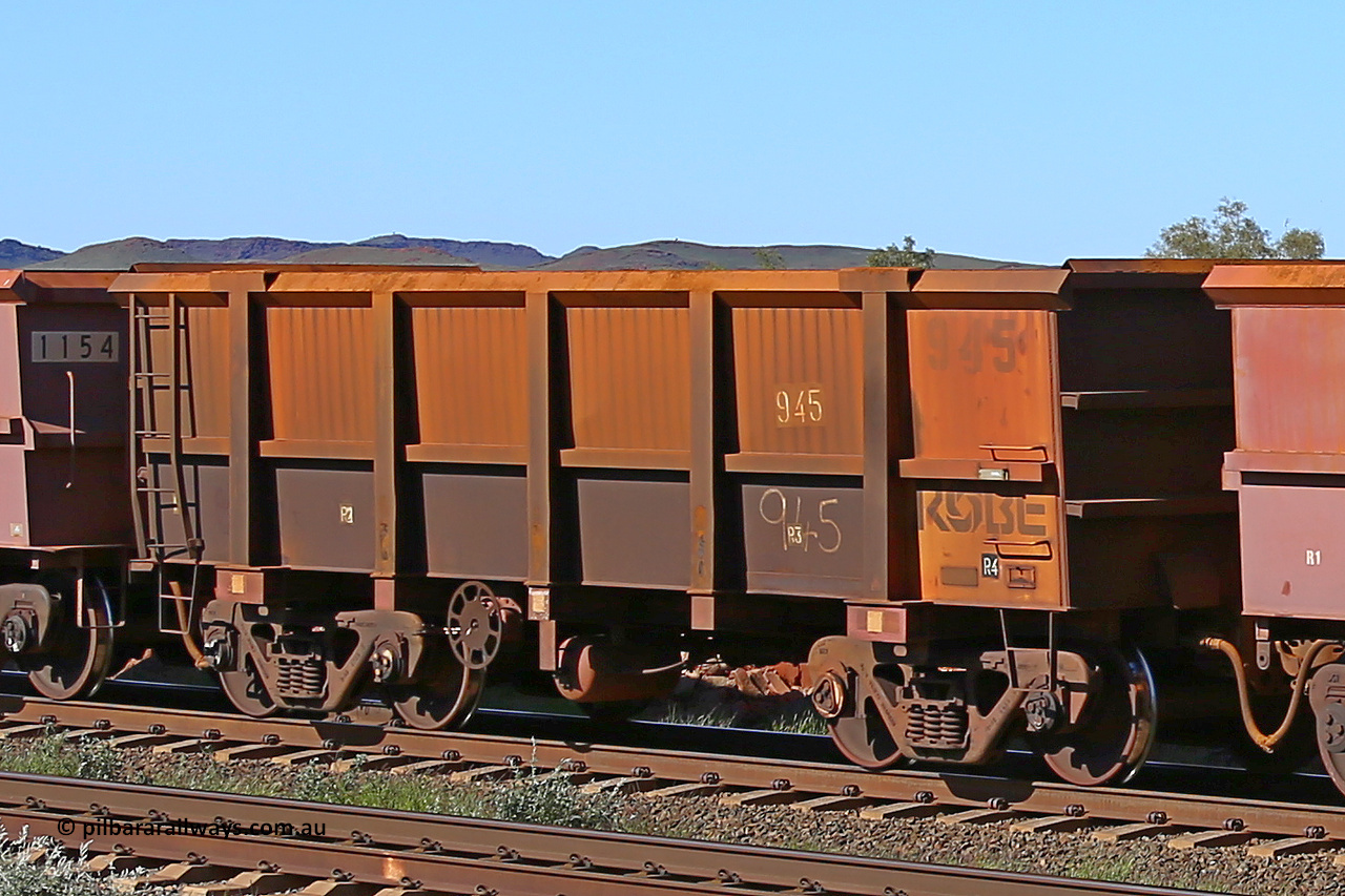 0945 160727 0955
Robe River ore waggon 945, built by Centurion Industries WA, rotary coupler end handbrake side empty view at Harding Siding on the Cape Lambert line, July 27, 2016.
Keywords: 945;Centurion-Industries-WA;Robe-ore-waggon;