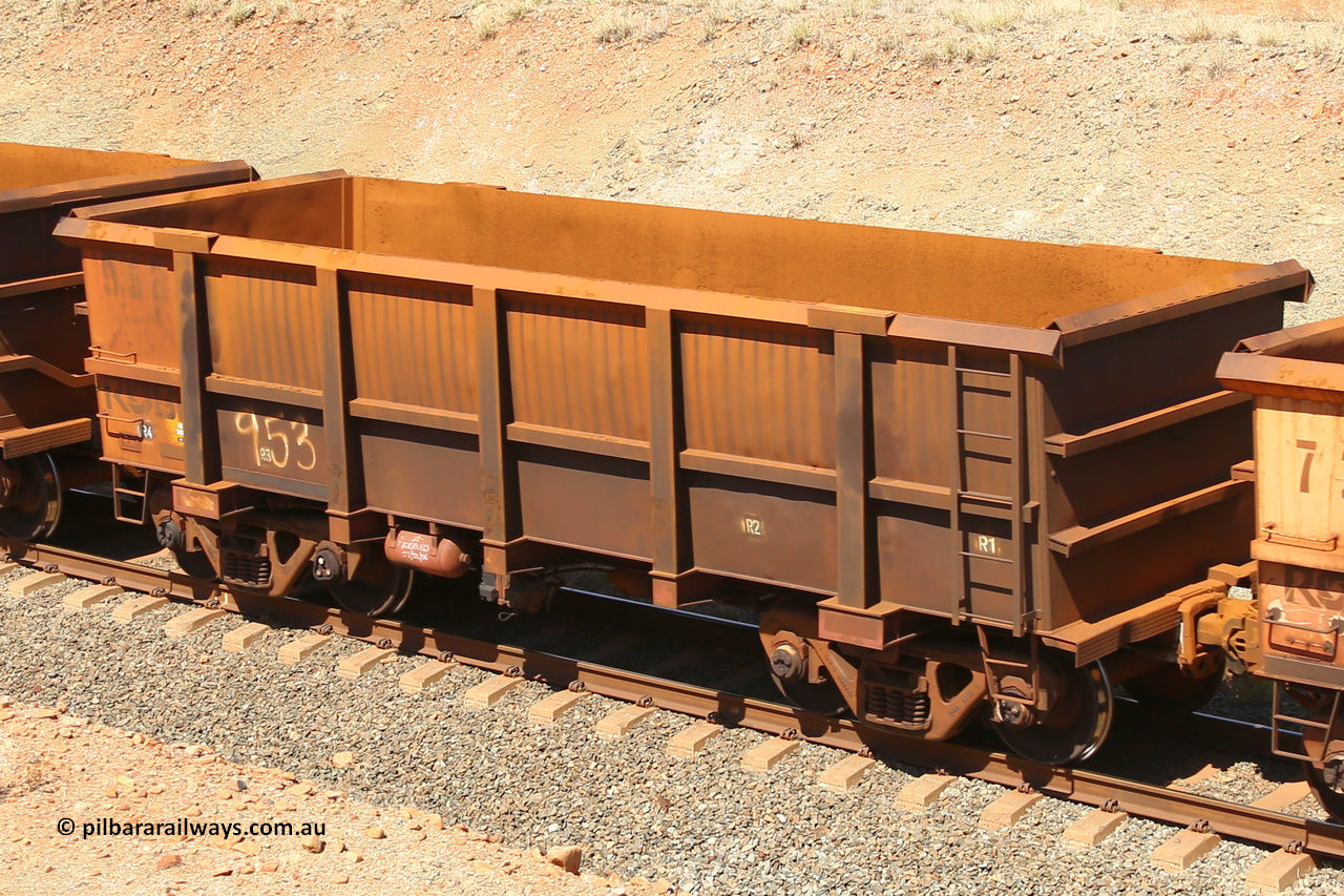 0953 160306 1250
Robe River ore waggon 953, built by Centurion Industries WA, fixed coupler non-handbrake side empty view at Greenpool on the Cape Lambert line. March 6, 2016.
Keywords: 953;Centurion-Industries-WA;Robe-ore-waggon;