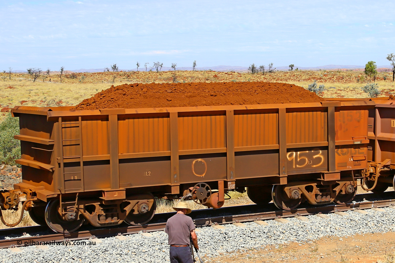 0953 170729 0257
Robe River ore waggon 953, built by Centurion Industries WA, fixed coupler handbrake side loaded view at the 103 km, between Maitland Siding and the Fortescue River on the Deepdale line. July 29, 2017.
Keywords: 953;Centurion-Industries-WA;Robe-ore-waggon;