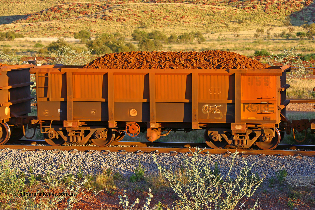 0955 170513 8658
Robe River ore waggon 955, built by Centurion Industries WA, rotary coupler end handbrake side loaded view, Cape Lambert yard, May 13, 2017.
Keywords: 955;Centurion-Industries-WA;Robe-ore-waggon;