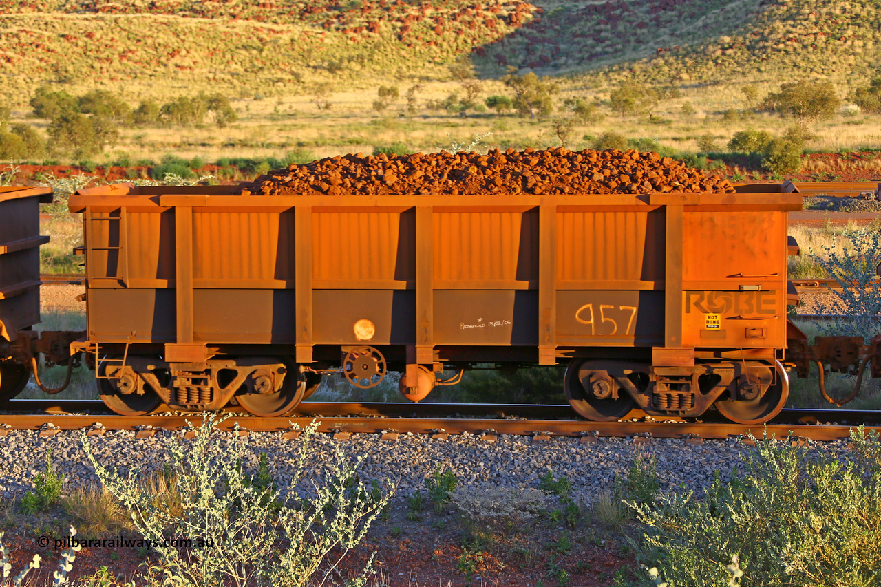 0957 170513 8730
Robe River ore waggon 957, built by Centurion Industries WA, rotary coupler end handbrake side loaded view, Cape Lambert yard, May 13, 2017.
Keywords: 957;Centurion-Industries-WA;Robe-ore-waggon;