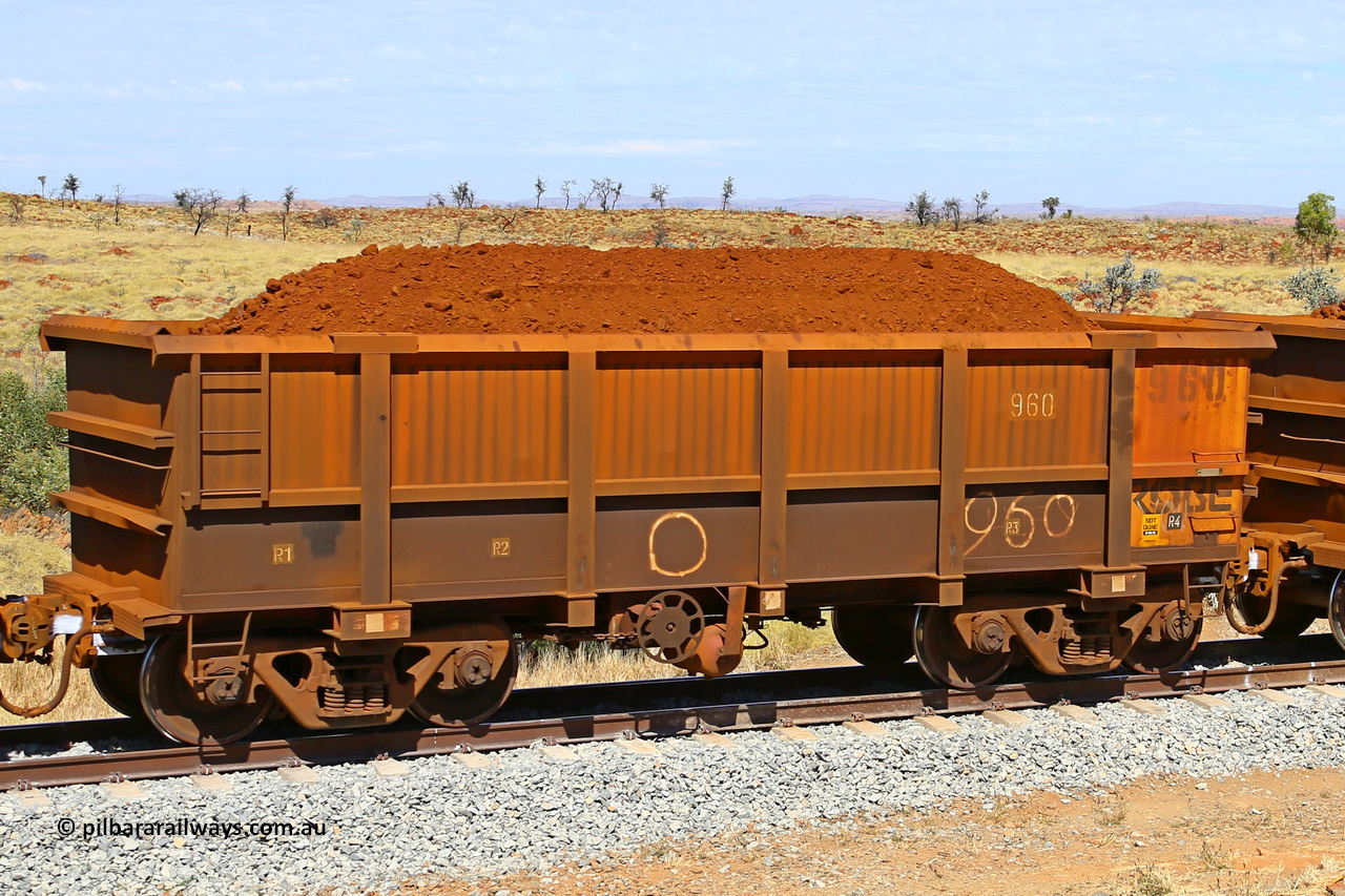 0960 170729 0238
Robe River ore waggon 960, built by Centurion Industries WA, fixed coupler handbrake side loaded view at the 103 km, between Maitland Siding and the Fortescue River on the Deepdale line. July 29, 2017.
Keywords: 960;Centurion-Industries-WA;Robe-ore-waggon;