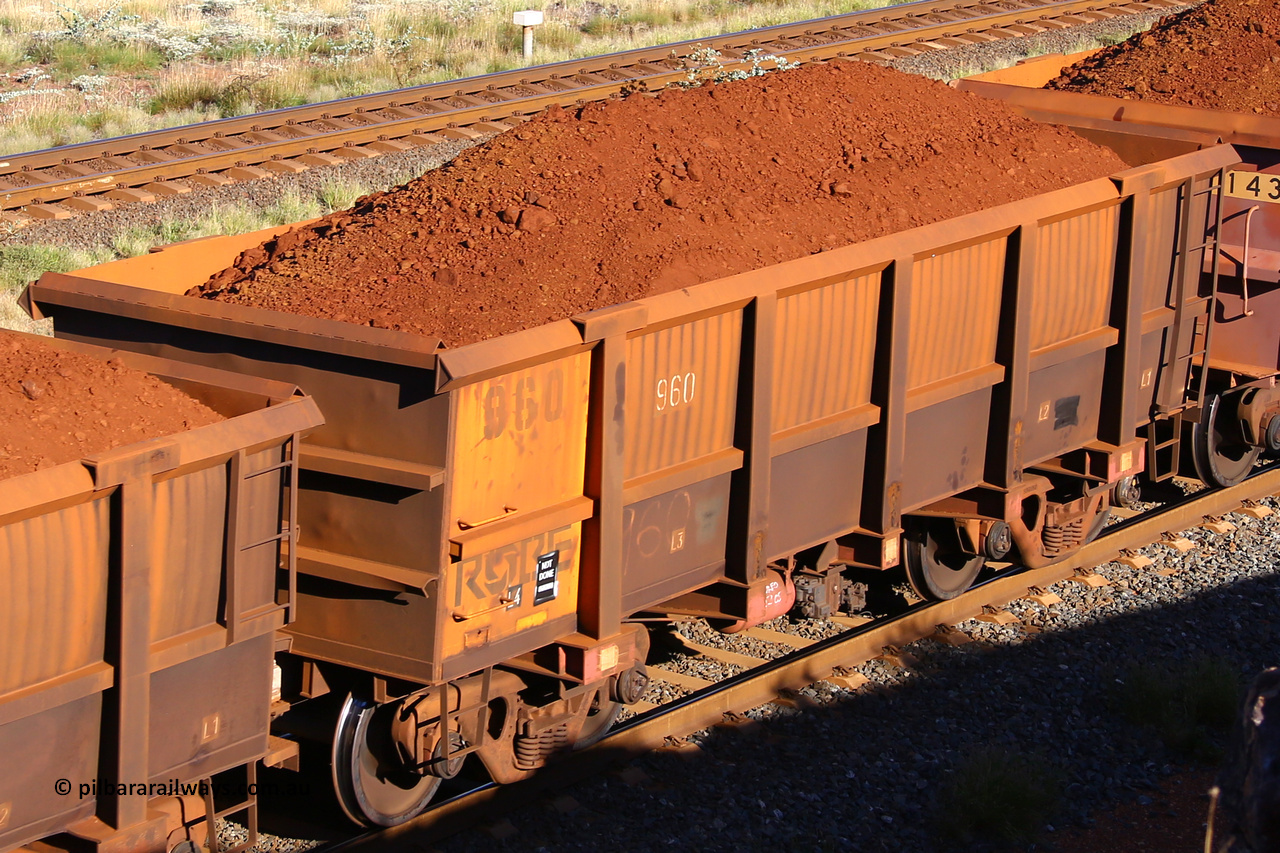 0960 210322 9735
Robe River ore waggon 960, built by Centurion Industries  WA, rotary coupler end non-handbrake side loaded view at the 17 km on the Cape Lambert line, March 22, 2021.
Keywords: 960;Centurion-Industries-WA;Robe-ore-waggon;