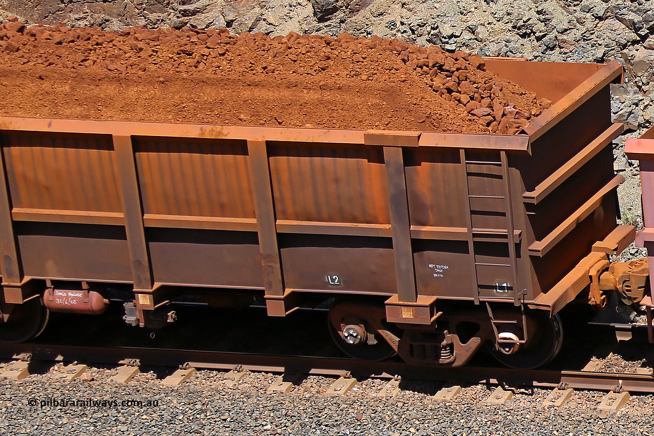 0961 160306 1613
Robe River ore waggon 961, built by Centurion Industries WA, fixed coupler non-handbrake side loaded view of fixed coupler end, at the 45 km, Harding Siding on the Cape Lambert line. March 6, 2016.
Keywords: 961;Centurion-Industries-WA;Robe-ore-waggon;