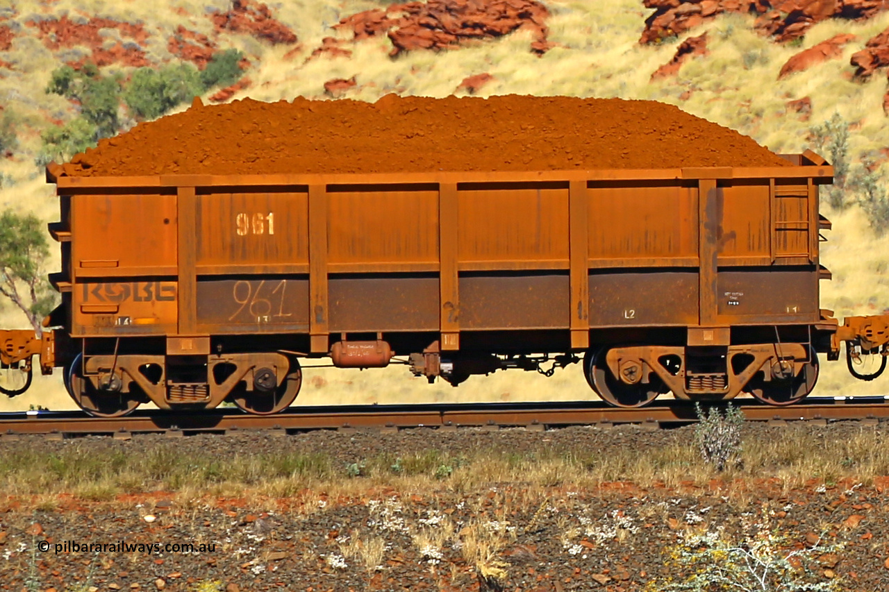 0961 170728 09937
Robe River ore waggon 961, built by Centurion Industries WA, non-handbrake side loaded view at the 72 km, Western Creek on the Deepdale line. July 28, 2017.
Keywords: 961;Centurion-Industries-WA;Robe-ore-waggon;