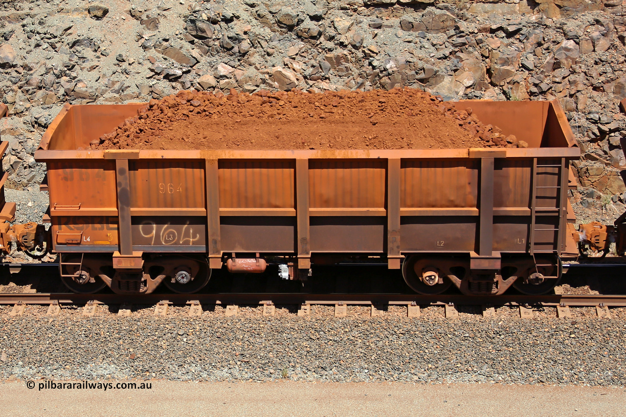 0964 160306 1514
Robe River ore waggon 964, built by Centurion Industries WA, fixed coupler non-handbrake side loaded view, at the 45 km, Harding Siding on the Cape Lambert line. March 6, 2016.
Keywords: 964;Centurion-Industries-WA;Robe-ore-waggon;